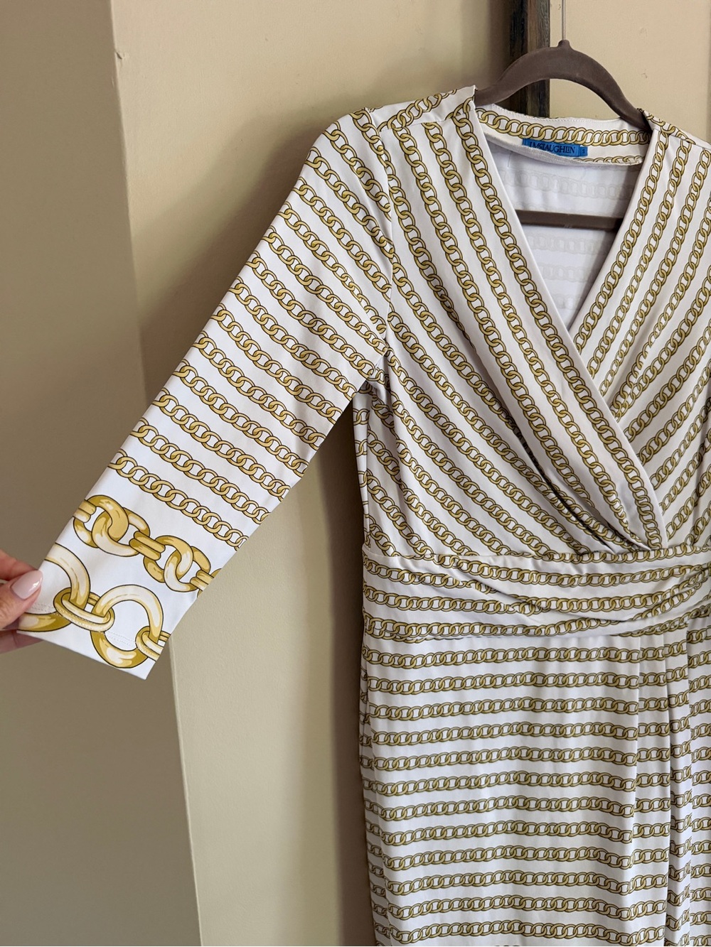 J. McLaughlin White Dress with Gold Chain Print
